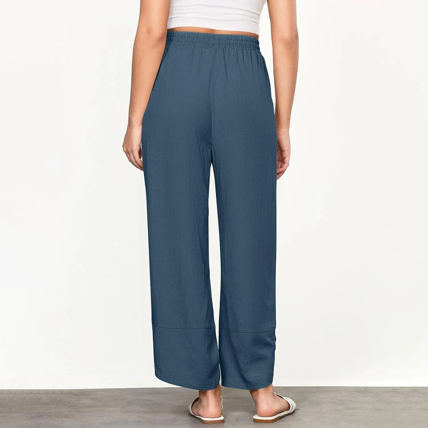 Women's Linen Wide Leg Pants High Waisted Loose Beach Palazzo Pants Summer Drawstring Cropped Trouser with Pockets