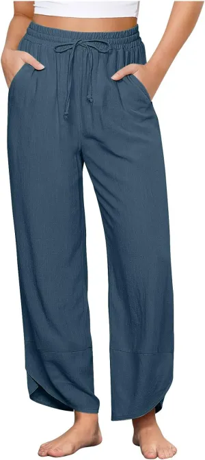 Women's Linen Wide Leg Pants High Waisted Loose Beach Palazzo Pants Summer Drawstring Cropped Trouser with Pockets