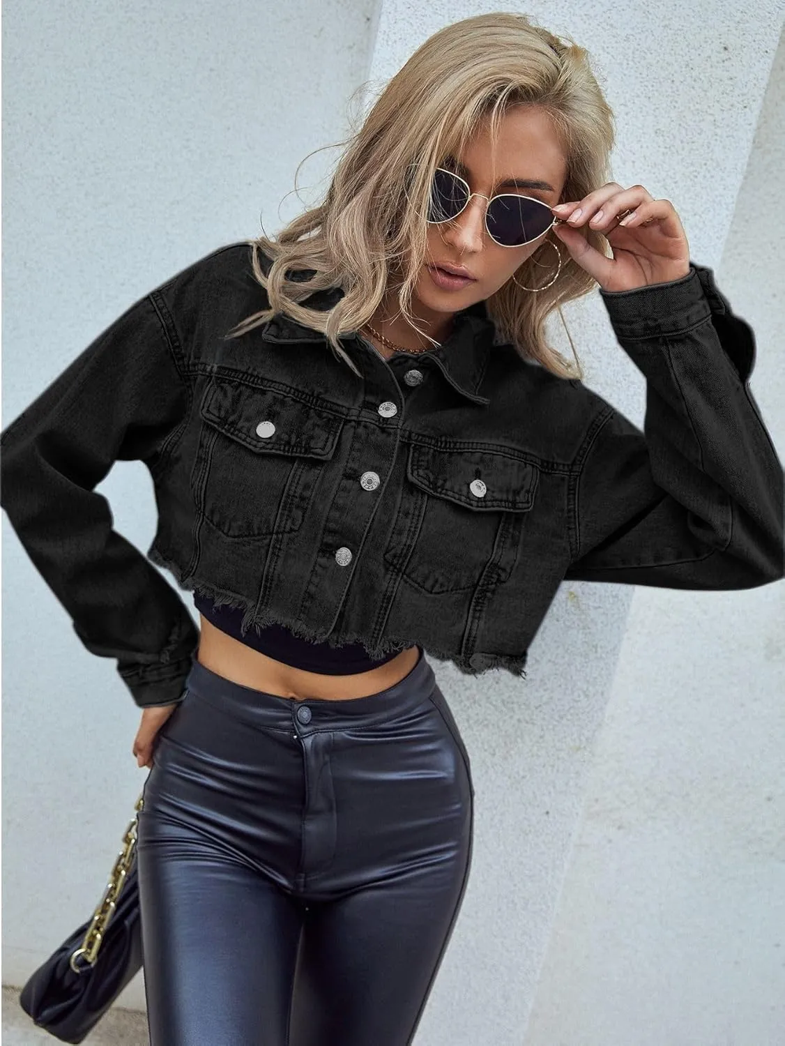 Women's Long Sleeve Short Ripped Distressed Jean Jacket Casual Fashion Boyfriend Style Cropped Denim Coat