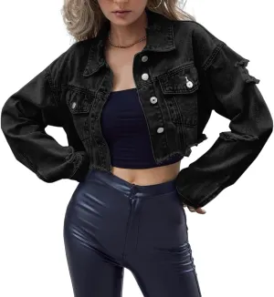 Women's Long Sleeve Short Ripped Distressed Jean Jacket Casual Fashion Boyfriend Style Cropped Denim Coat