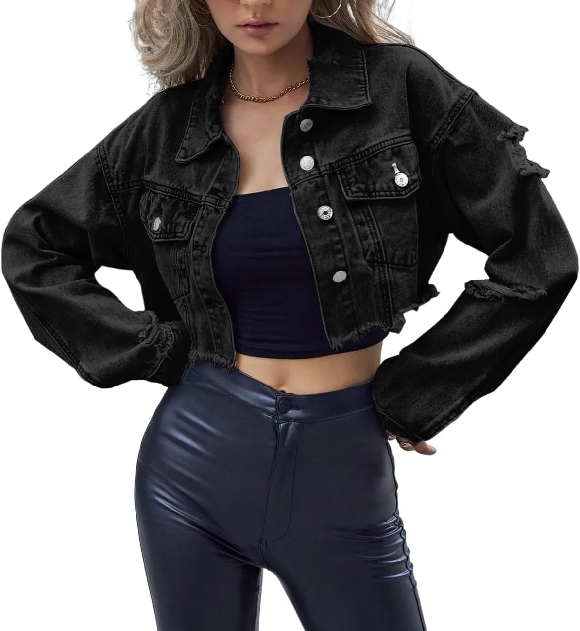 Women's Long Sleeve Short Ripped Distressed Jean Jacket Casual Fashion Boyfriend Style Cropped Denim Coat