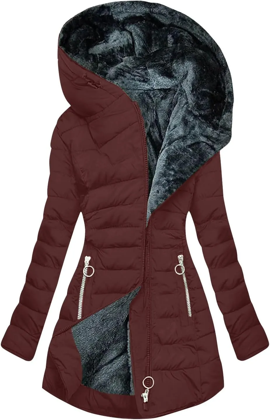 Women's Long Warm Thickened Winter Coat Offer Sherpa Lined Down Jacket Winter Cotton Padded Jacket Waterproof Fleece Coats Outdoor Women's Jacket(Burgundy,XX-Large)