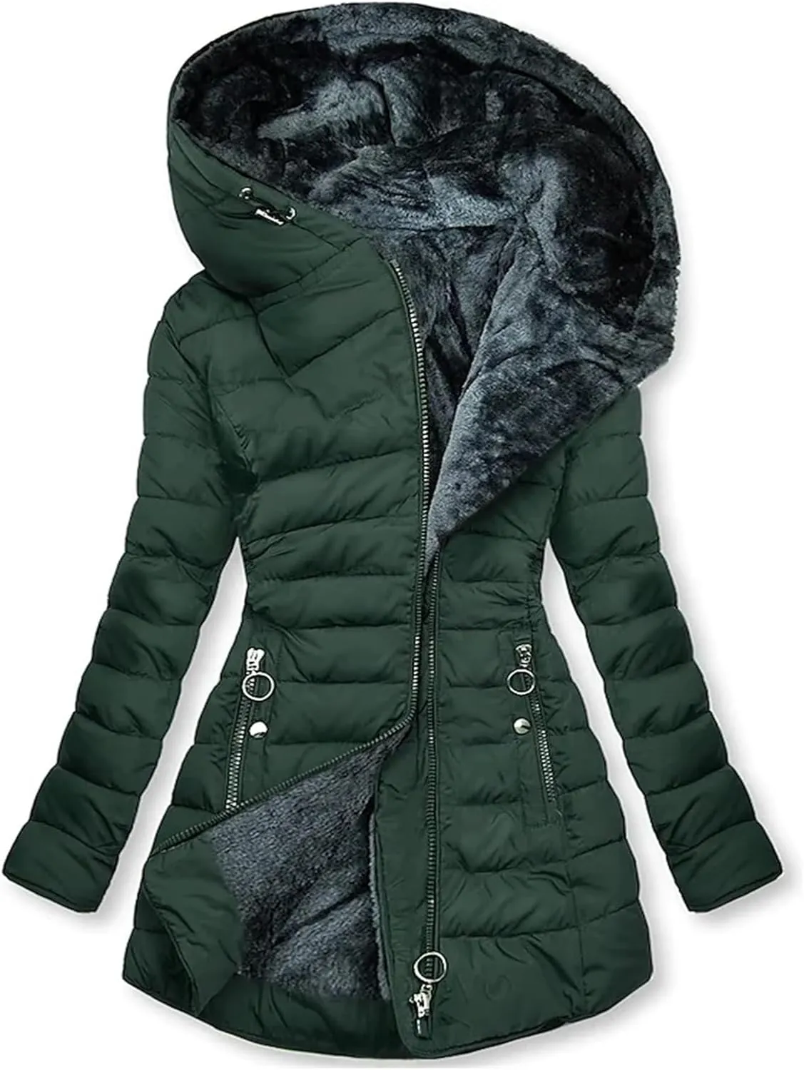 Women's Long Warm Thickened Winter Coat Offer Sherpa Lined Down Jacket Winter Cotton Padded Jacket Waterproof Fleece Coats Outdoor Women's Jacket(Green,4X-Large)