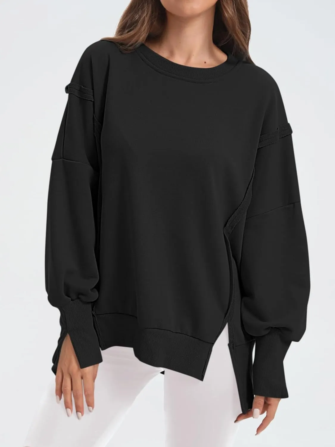 Women's Oversized Sweatshirt Crewneck Long Sleeve Side Slit Casual Loose Slouchy Pullover Top