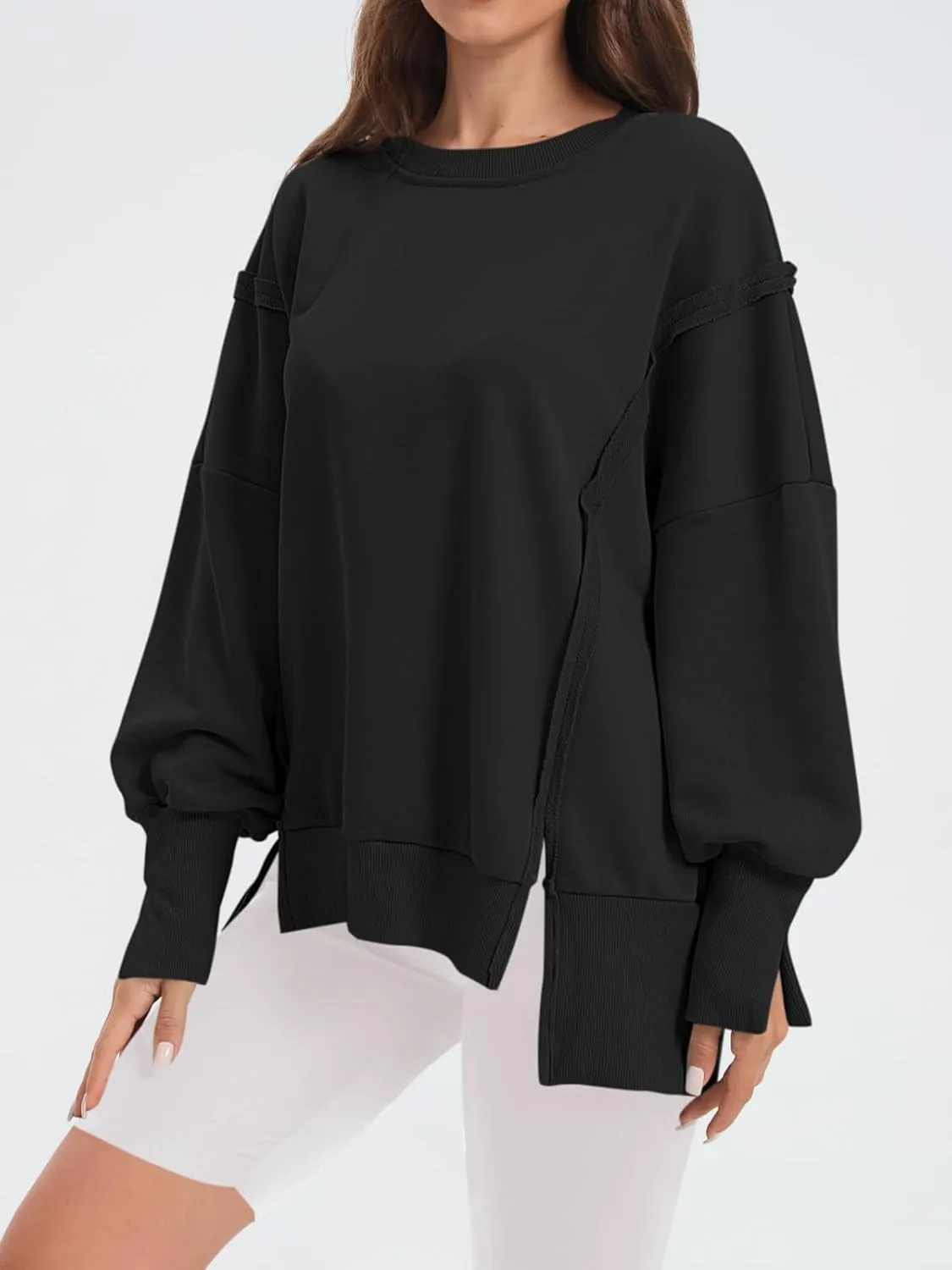Women's Oversized Sweatshirt Crewneck Long Sleeve Side Slit Casual Loose Slouchy Pullover Top
