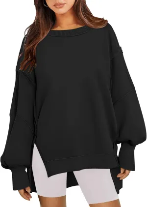 Women's Oversized Sweatshirt Crewneck Long Sleeve Side Slit Casual Loose Slouchy Pullover Top