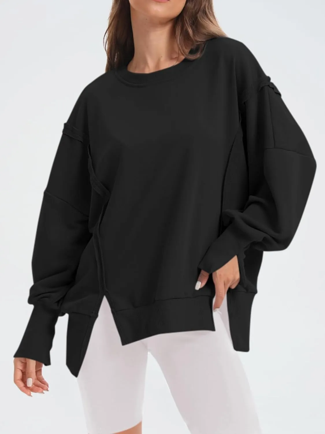 Women's Oversized Sweatshirt Crewneck Long Sleeve Side Slit Casual Loose Slouchy Pullover Top
