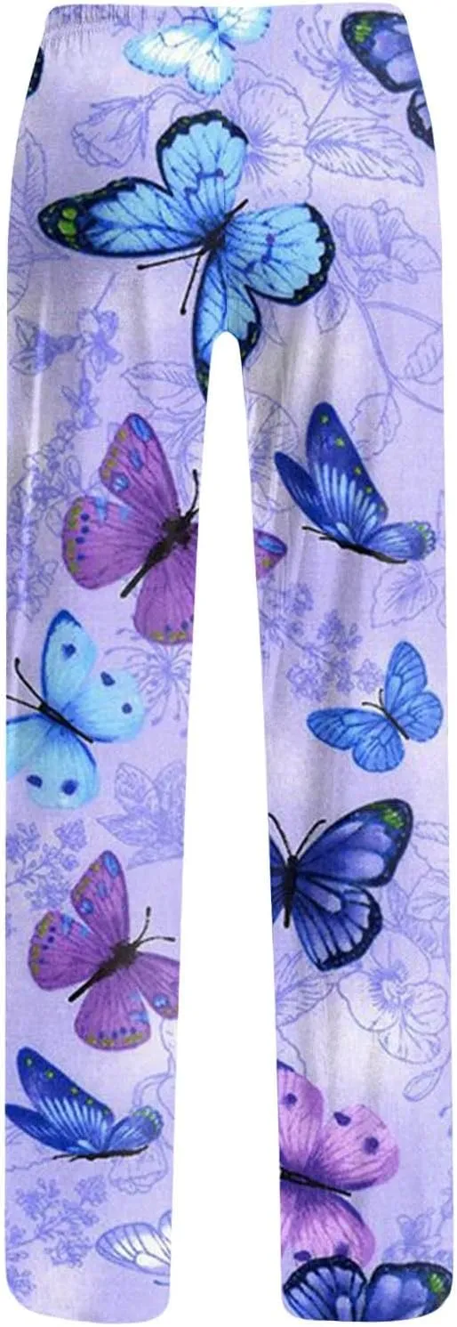 Womens Pajama Pants Butterfly Print High Waist Casual Palazzo Pants Drawstring Wide Leg Trousers with Pocket