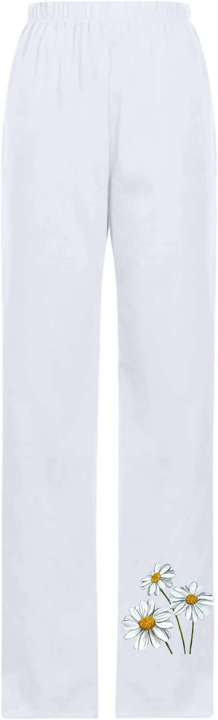 Womens Pants Casual Floral Printed Plus Size Capris Loose Fitting Joggers Lightweight Cropped Pants with Pockets