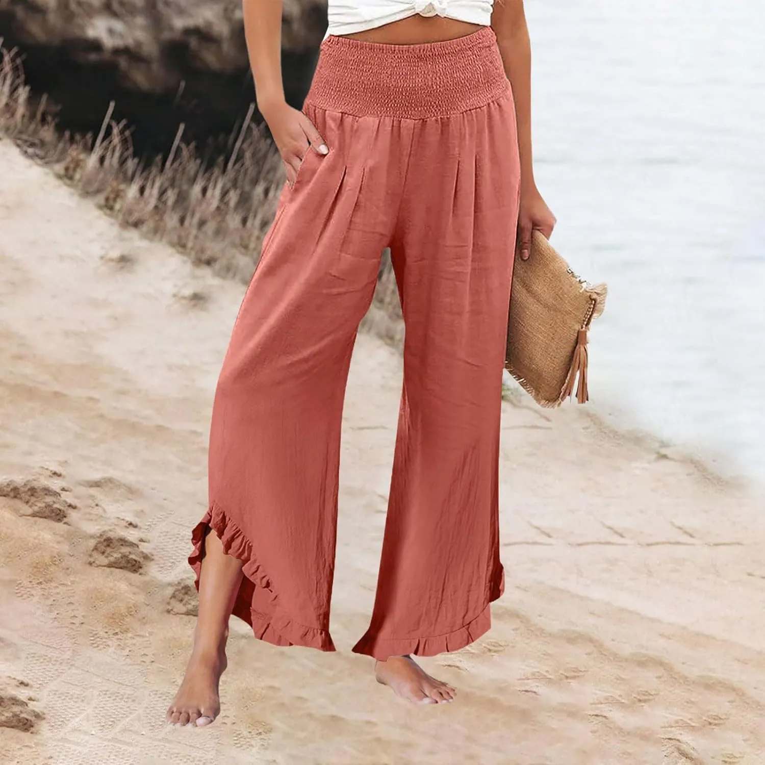 Women's Pants High Waisted Straight Leg Work,Womens Dress Sweatpants Petite, Linen Cotton Slit Baggy Waist