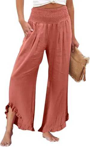 Women's Pants High Waisted Straight Leg Work,Womens Dress Sweatpants Petite, Linen Cotton Slit Baggy Waist