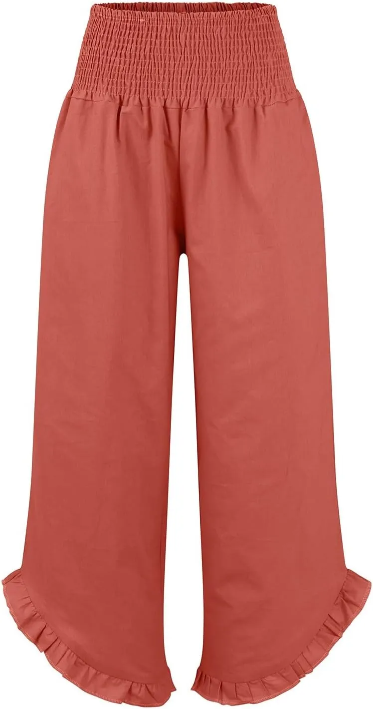 Women's Pants High Waisted Straight Leg Work,Womens Dress Sweatpants Petite, Linen Cotton Slit Baggy Waist