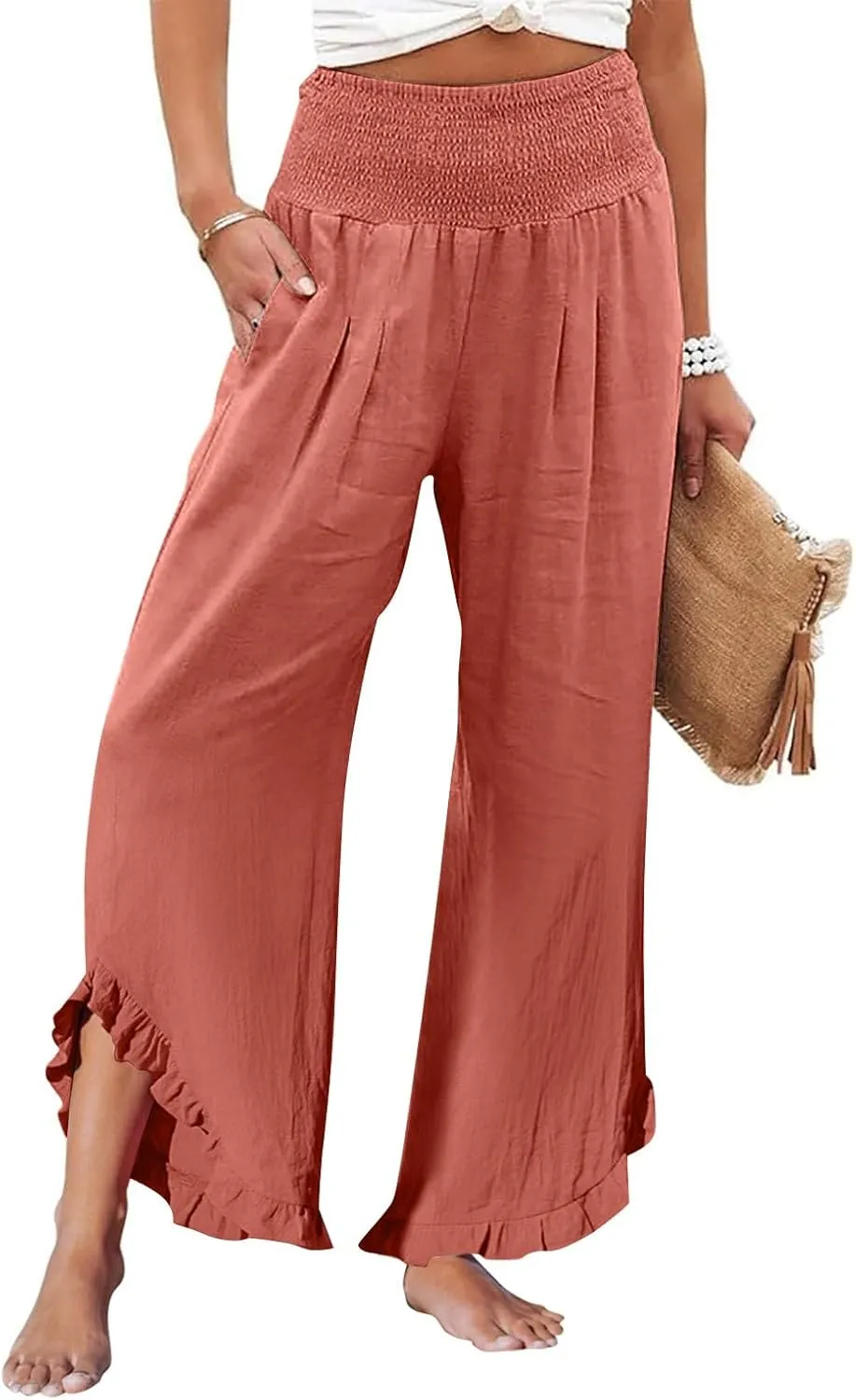 Women's Pants High Waisted Straight Leg Work,Womens Dress Sweatpants Petite, Linen Cotton Slit Baggy Waist