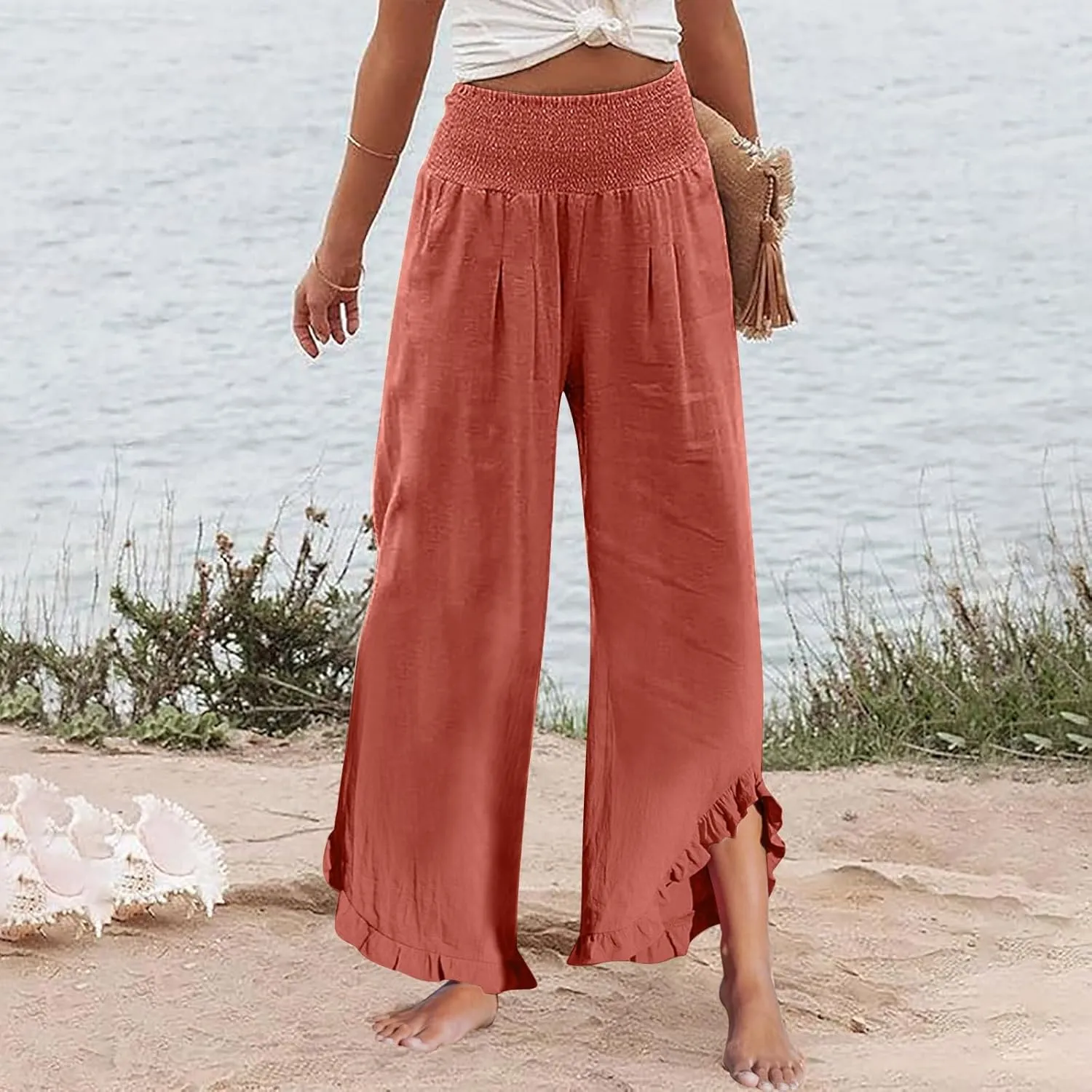 Women's Pants High Waisted Straight Leg Work,Womens Dress Sweatpants Petite, Linen Cotton Slit Baggy Waist