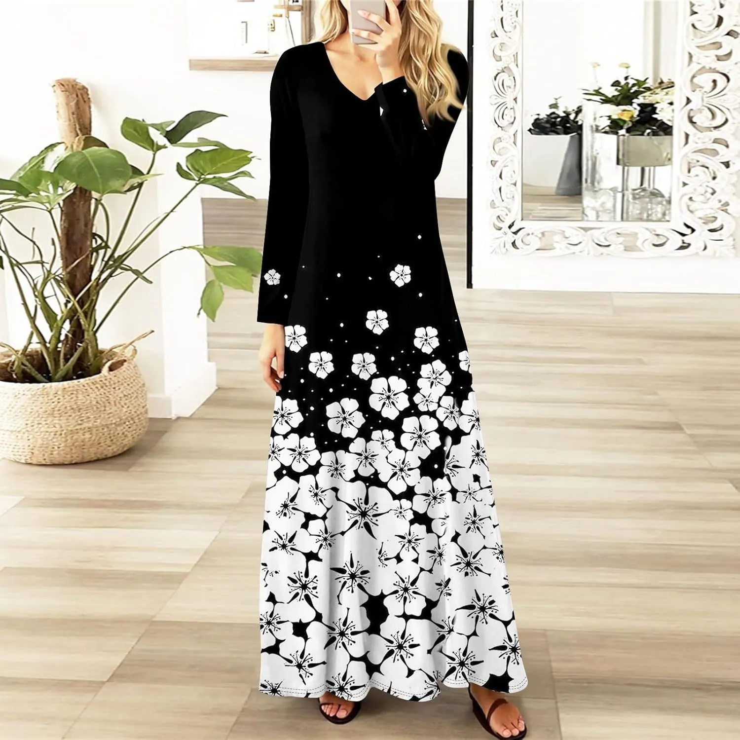 Women's Party Dresses 2025 Summer Casual Loose Trendy V-Neck Long Sleeve Solid Boho Floral Print Maxi Dress Plus Size, S-3XL