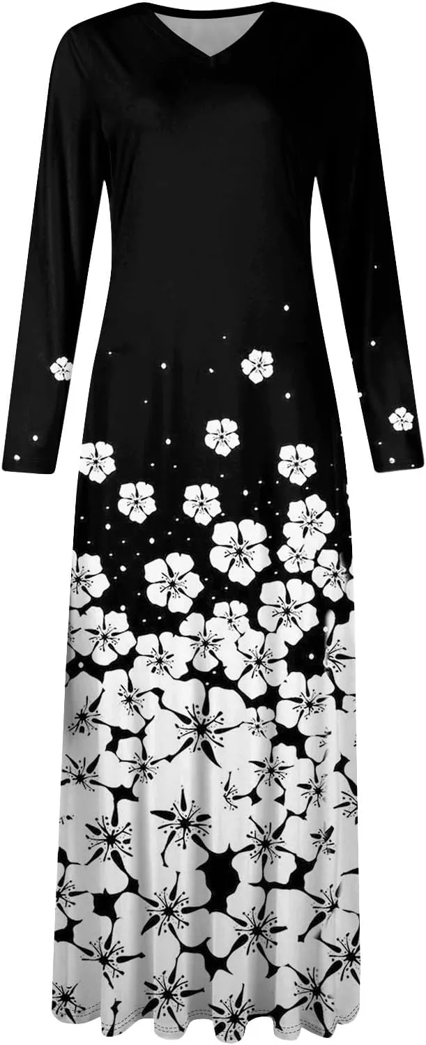 Women's Party Dresses 2025 Summer Casual Loose Trendy V-Neck Long Sleeve Solid Boho Floral Print Maxi Dress Plus Size, S-3XL