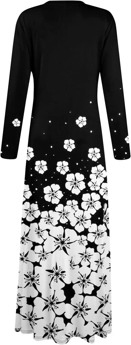 Women's Party Dresses 2025 Summer Casual Loose Trendy V-Neck Long Sleeve Solid Boho Floral Print Maxi Dress Plus Size, S-3XL