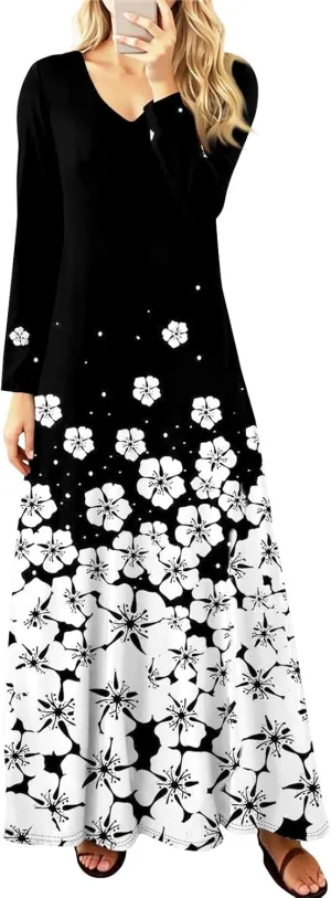 Women's Party Dresses 2025 Summer Casual Loose Trendy V-Neck Long Sleeve Solid Boho Floral Print Maxi Dress Plus Size, S-3XL