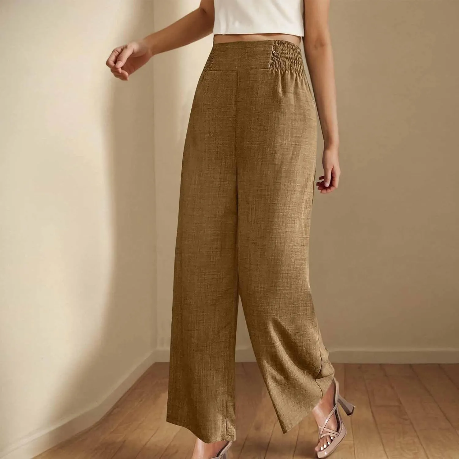 Womens Petite Wide Leg Pants Casual Summer Dress Pant High Waist Straight Trousers Joggers Slacks Outfits with Pockets