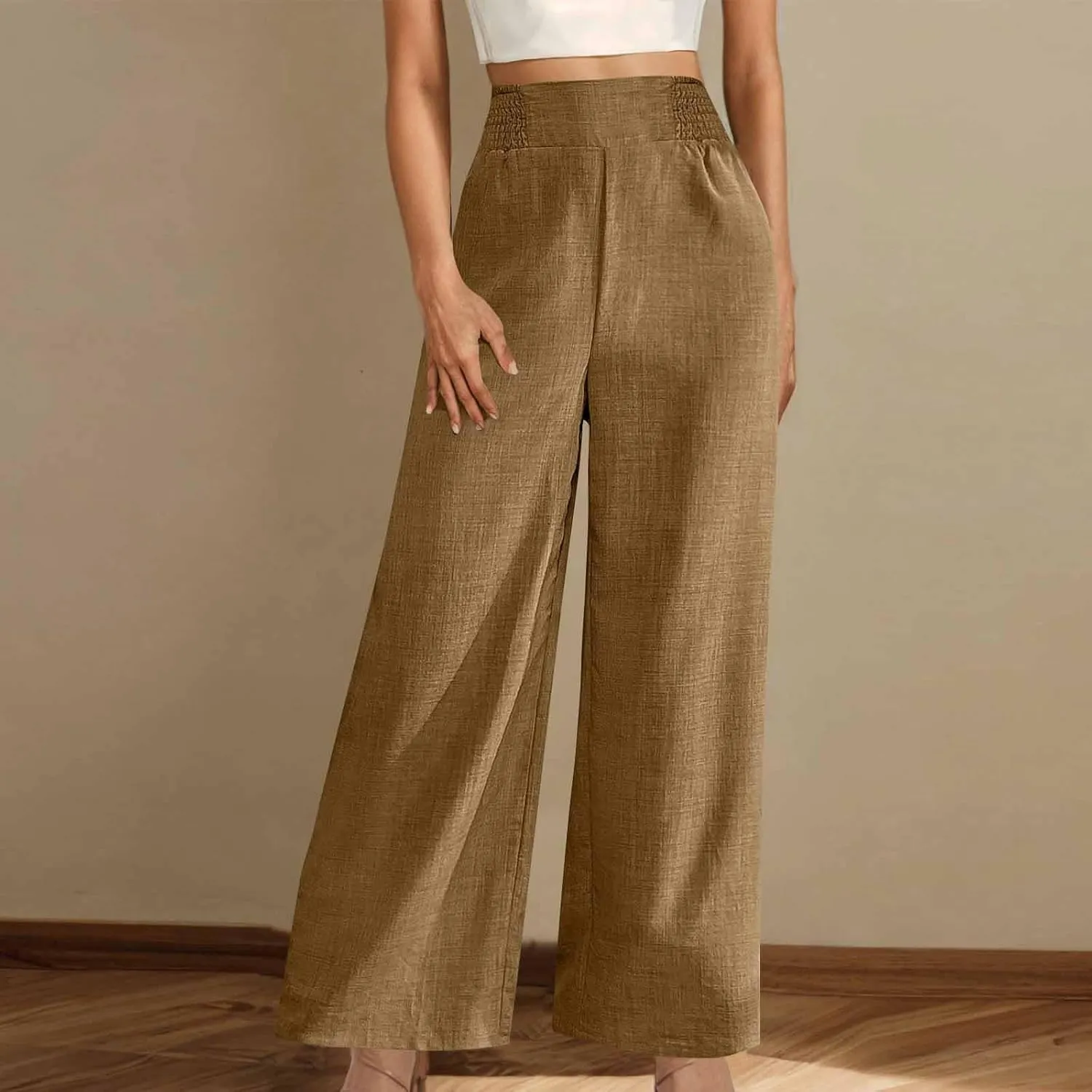 Womens Petite Wide Leg Pants Casual Summer Dress Pant High Waist Straight Trousers Joggers Slacks Outfits with Pockets