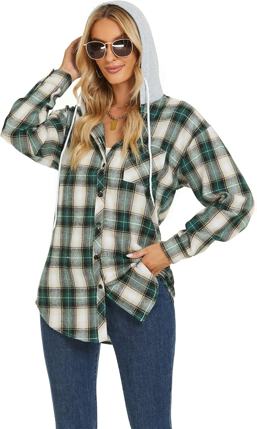 Women's Plaid Flannel Shirts Hoodie Long Sleeve Oversized Shirt Jacket Button Down Blouse Tops