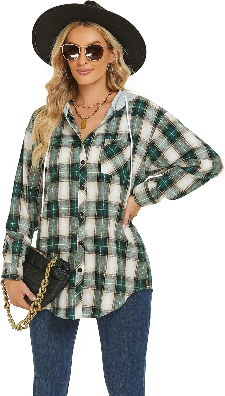 Women's Plaid Flannel Shirts Hoodie Long Sleeve Oversized Shirt Jacket Button Down Blouse Tops
