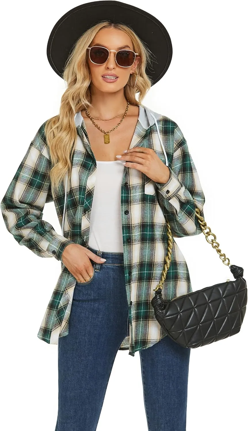 Women's Plaid Flannel Shirts Hoodie Long Sleeve Oversized Shirt Jacket Button Down Blouse Tops