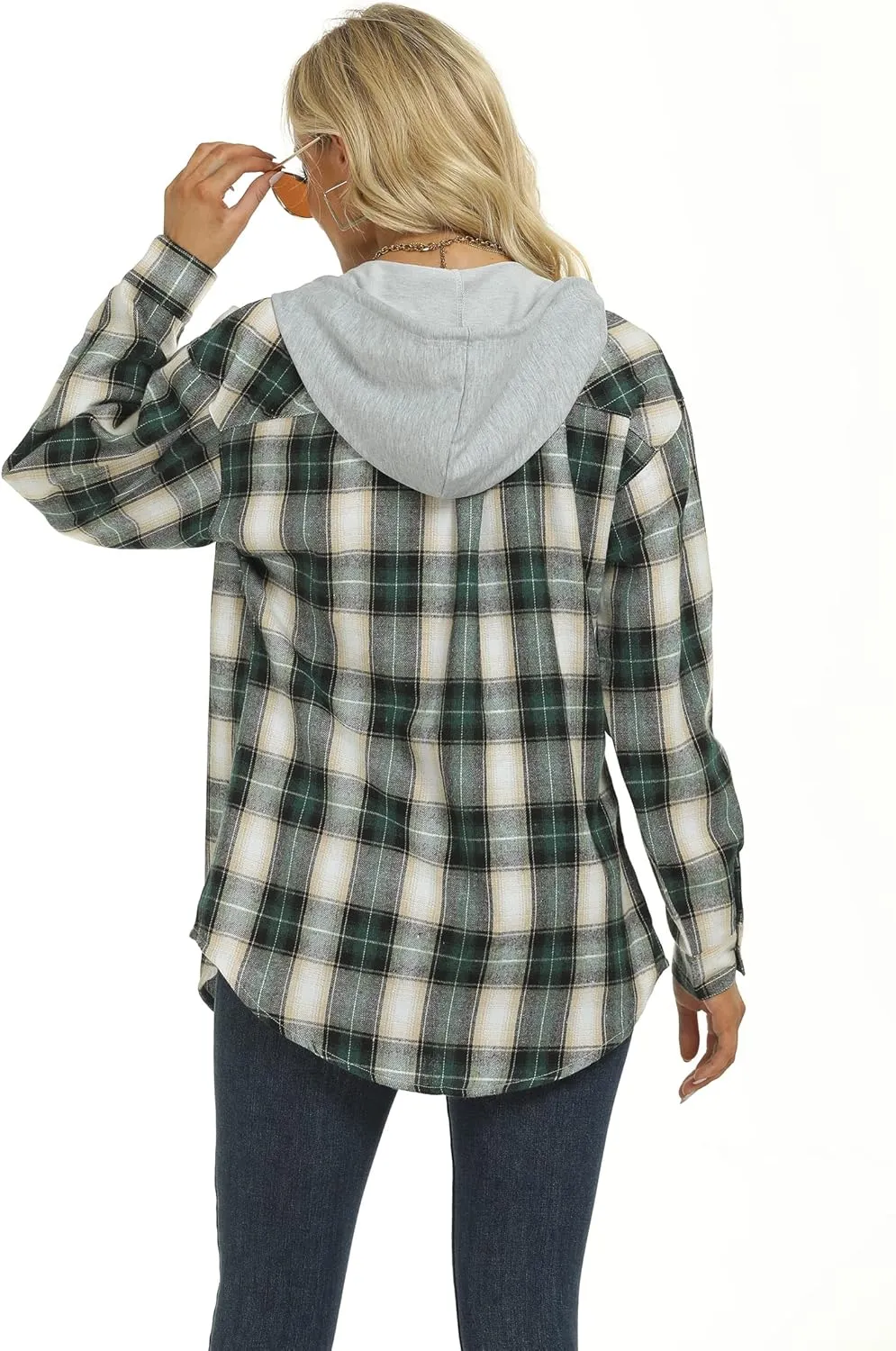 Women's Plaid Flannel Shirts Hoodie Long Sleeve Oversized Shirt Jacket Button Down Blouse Tops