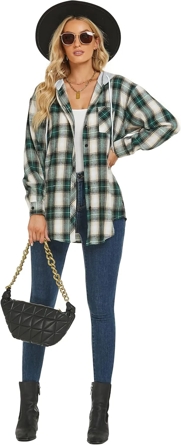 Women's Plaid Flannel Shirts Hoodie Long Sleeve Oversized Shirt Jacket Button Down Blouse Tops