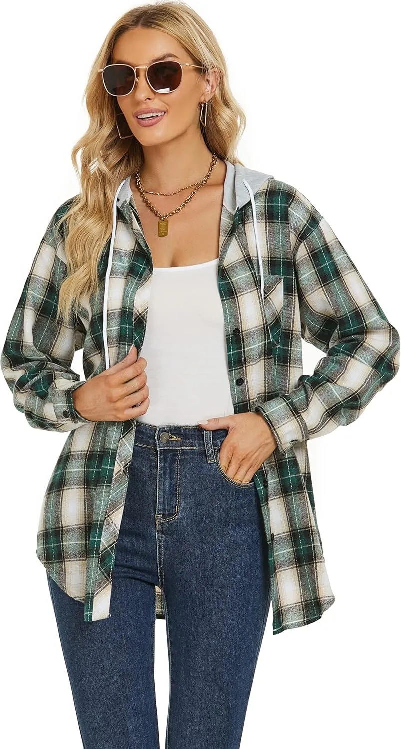 Women's Plaid Flannel Shirts Hoodie Long Sleeve Oversized Shirt Jacket Button Down Blouse Tops