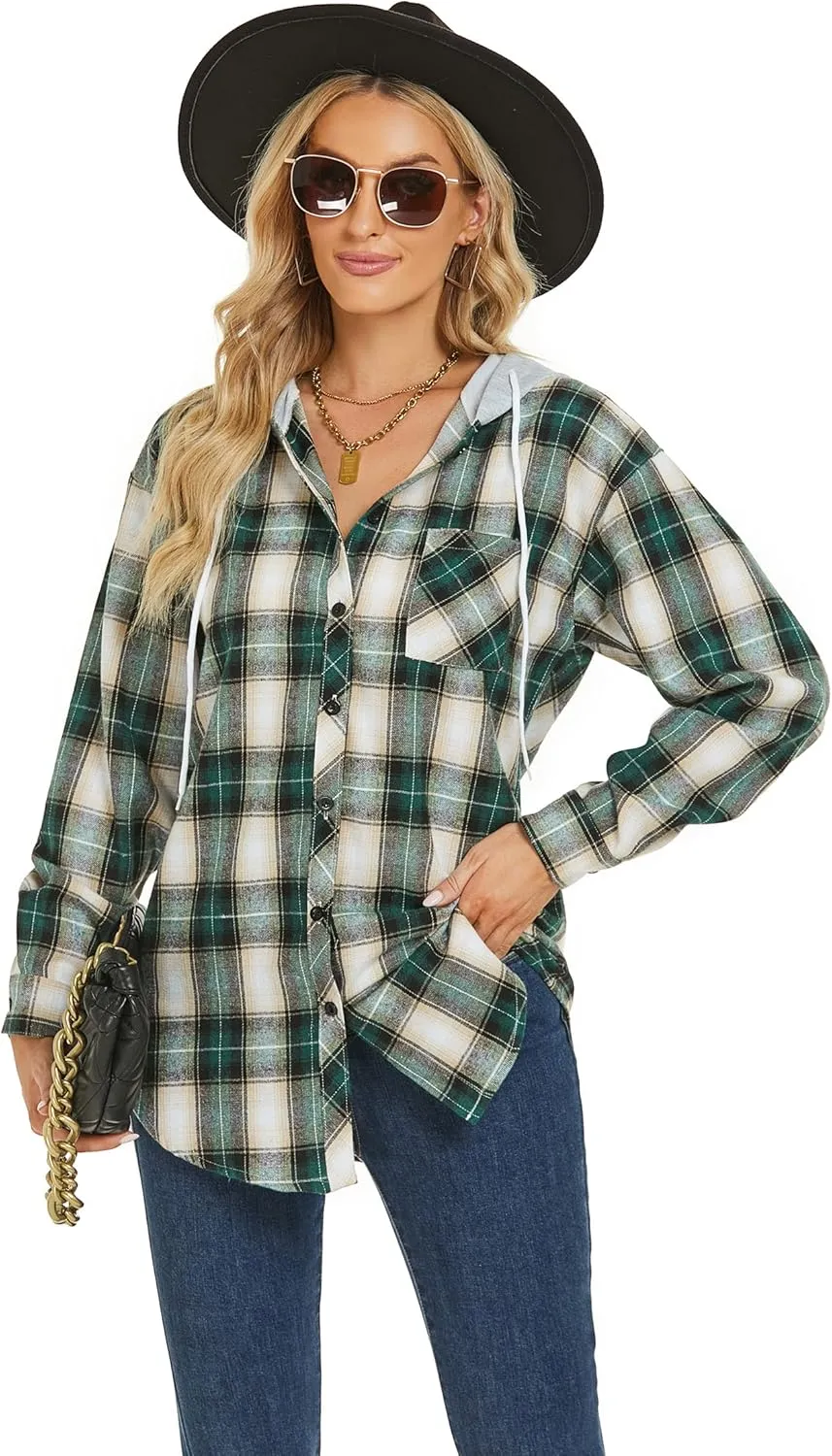 Women's Plaid Flannel Shirts Hoodie Long Sleeve Oversized Shirt Jacket Button Down Blouse Tops