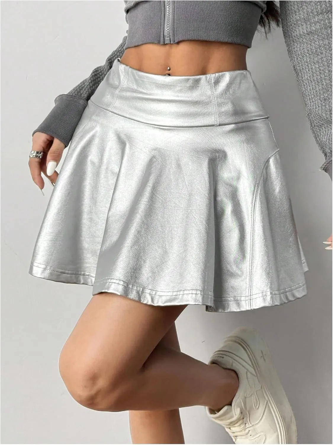 Women's PU Leather Mini Skirts High Elastic Waisted Ruffle Trim A Line Skorts with Built in Shorts