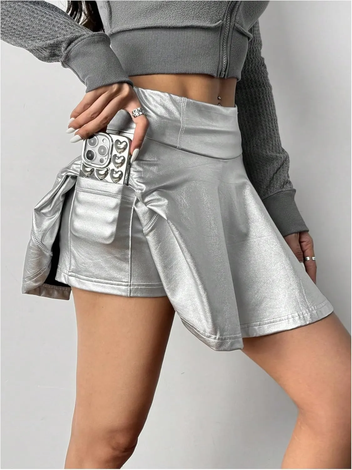 Women's PU Leather Mini Skirts High Elastic Waisted Ruffle Trim A Line Skorts with Built in Shorts
