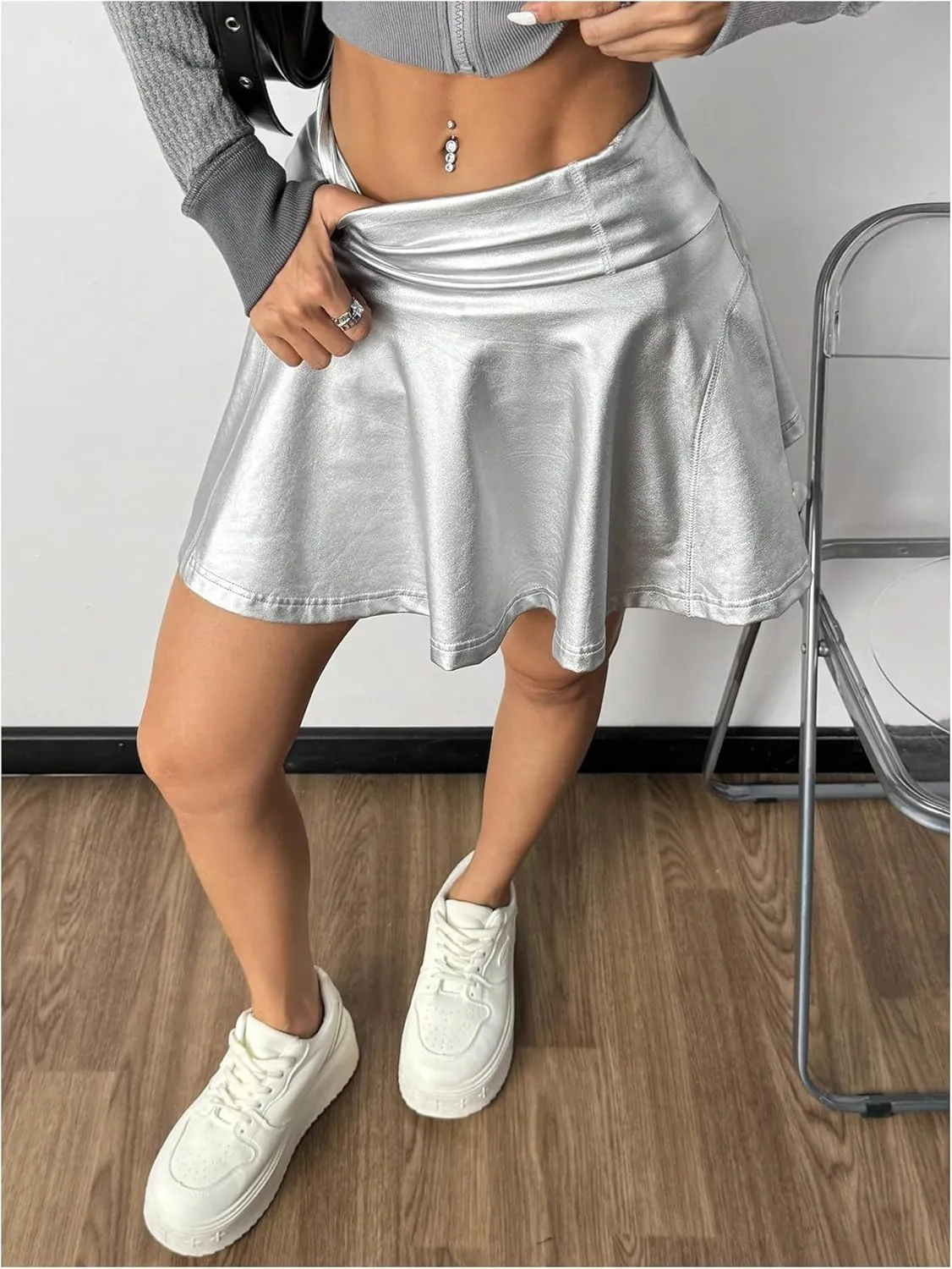 Women's PU Leather Mini Skirts High Elastic Waisted Ruffle Trim A Line Skorts with Built in Shorts