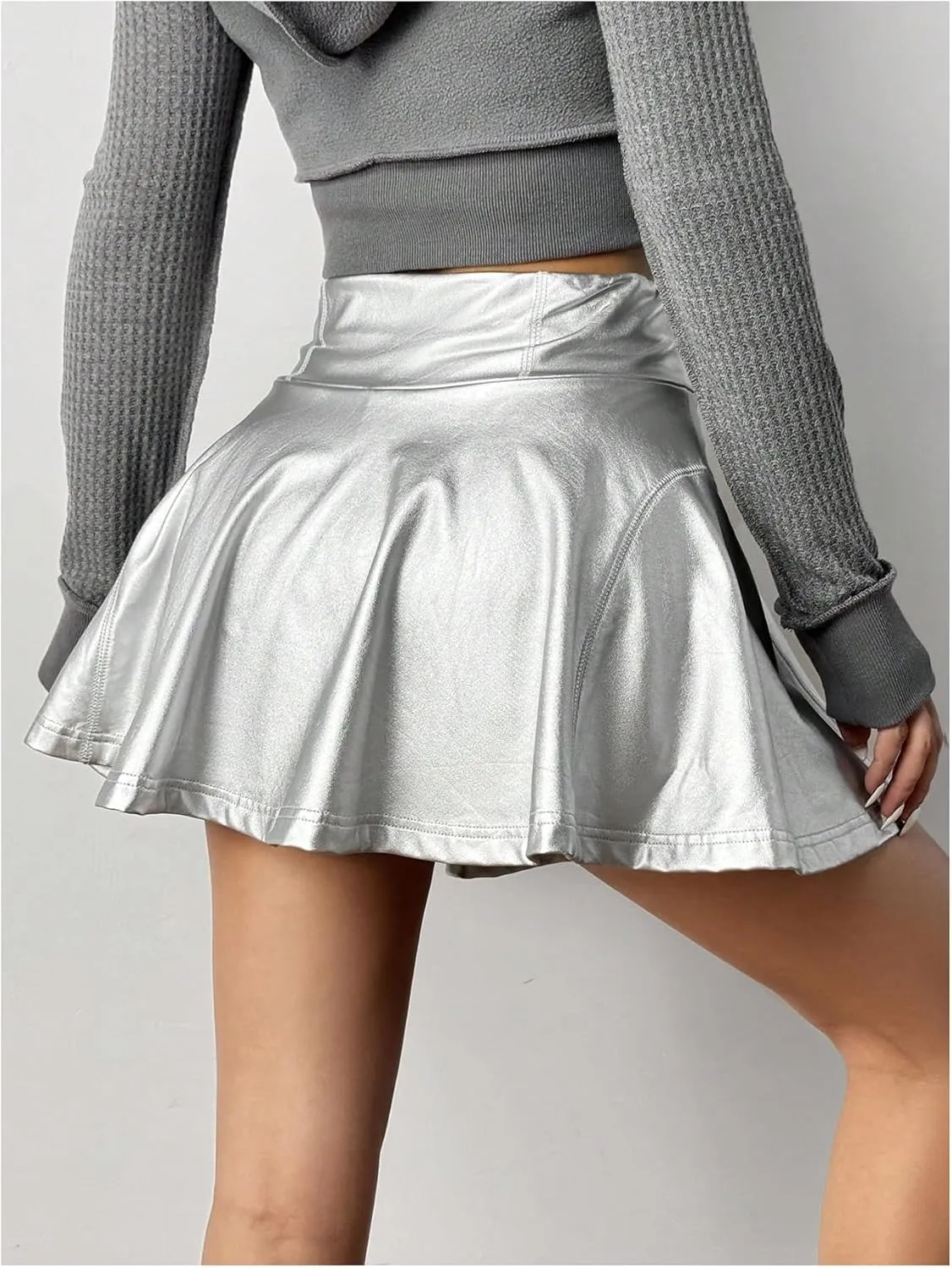 Women's PU Leather Mini Skirts High Elastic Waisted Ruffle Trim A Line Skorts with Built in Shorts