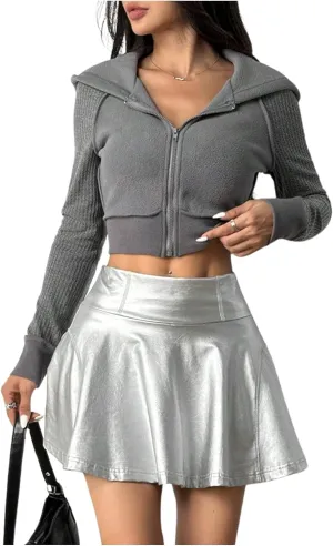 Women's PU Leather Mini Skirts High Elastic Waisted Ruffle Trim A Line Skorts with Built in Shorts