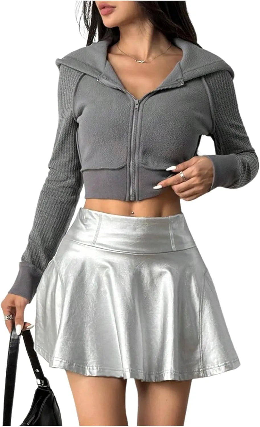 Women's PU Leather Mini Skirts High Elastic Waisted Ruffle Trim A Line Skorts with Built in Shorts