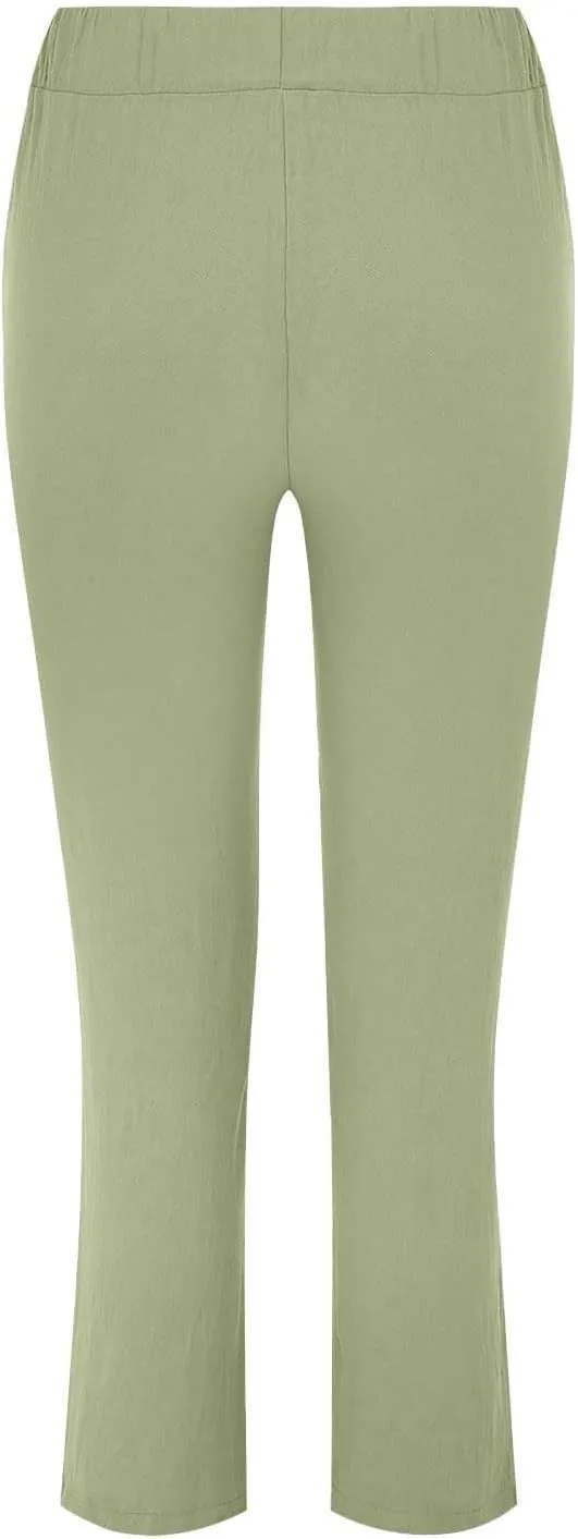 Womens Roll Up Straight Leg Linen Pants Casual Drawstring Elastic Waist Loose Slacks Lounge Petite Pants with Pockets