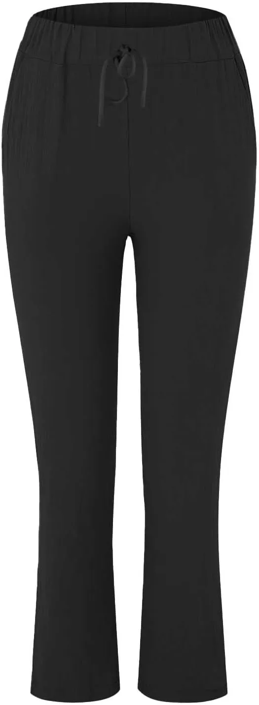 Womens Roll Up Straight Leg Linen Pants Casual Drawstring Elastic Waist Loose Slacks Lounge Petite Pants with Pockets