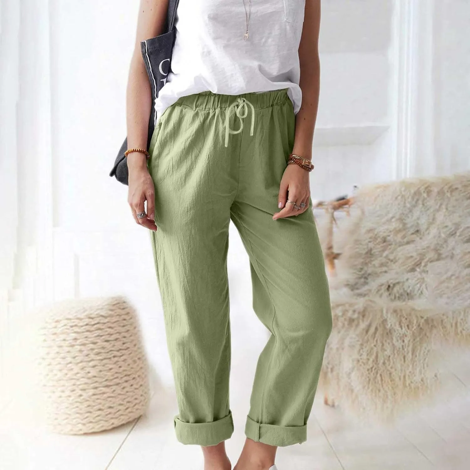 Womens Roll Up Straight Leg Linen Pants Casual Drawstring Elastic Waist Loose Slacks Lounge Petite Pants with Pockets