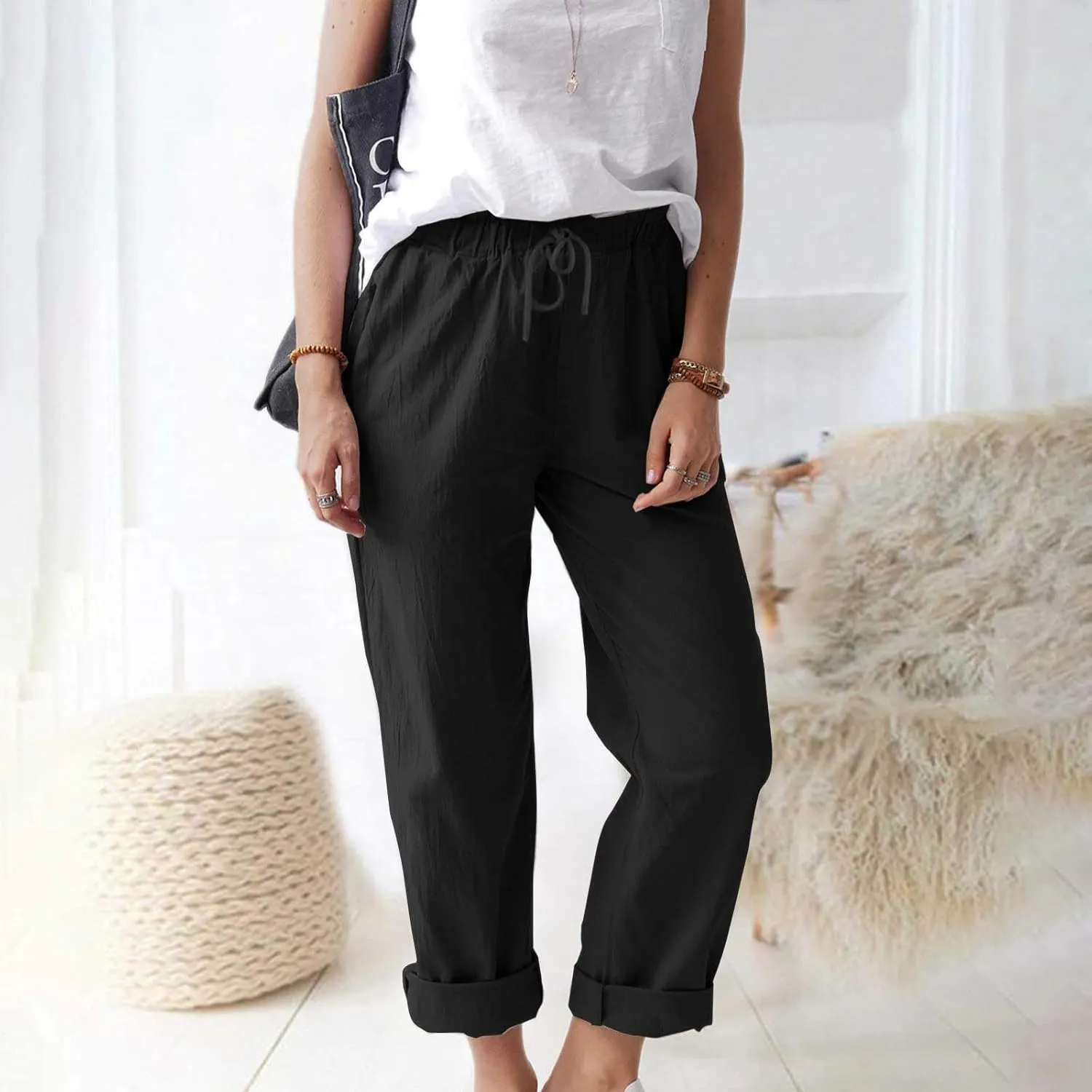 Womens Roll Up Straight Leg Linen Pants Casual Drawstring Elastic Waist Loose Slacks Lounge Petite Pants with Pockets
