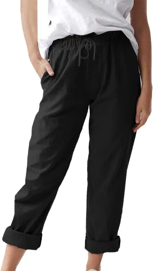 Womens Roll Up Straight Leg Linen Pants Casual Drawstring Elastic Waist Loose Slacks Lounge Petite Pants with Pockets
