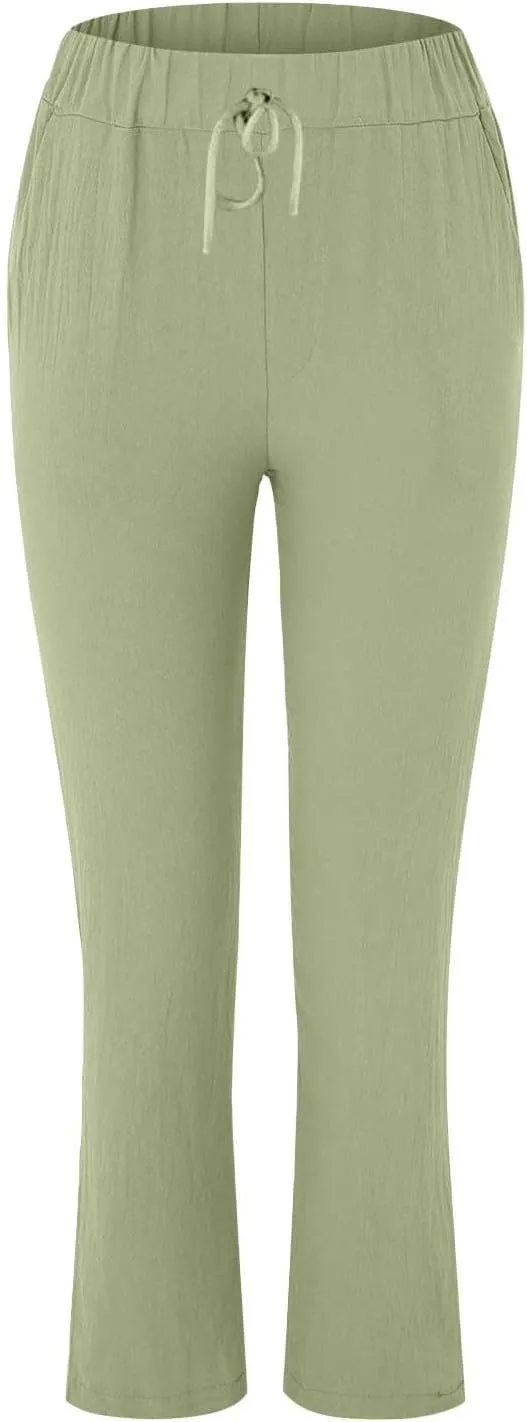 Womens Roll Up Straight Leg Linen Pants Casual Drawstring Elastic Waist Loose Slacks Lounge Petite Pants with Pockets