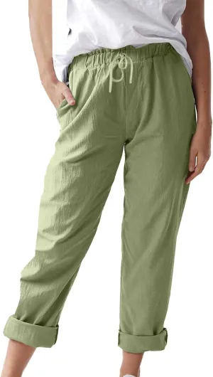 Womens Roll Up Straight Leg Linen Pants Casual Drawstring Elastic Waist Loose Slacks Lounge Petite Pants with Pockets
