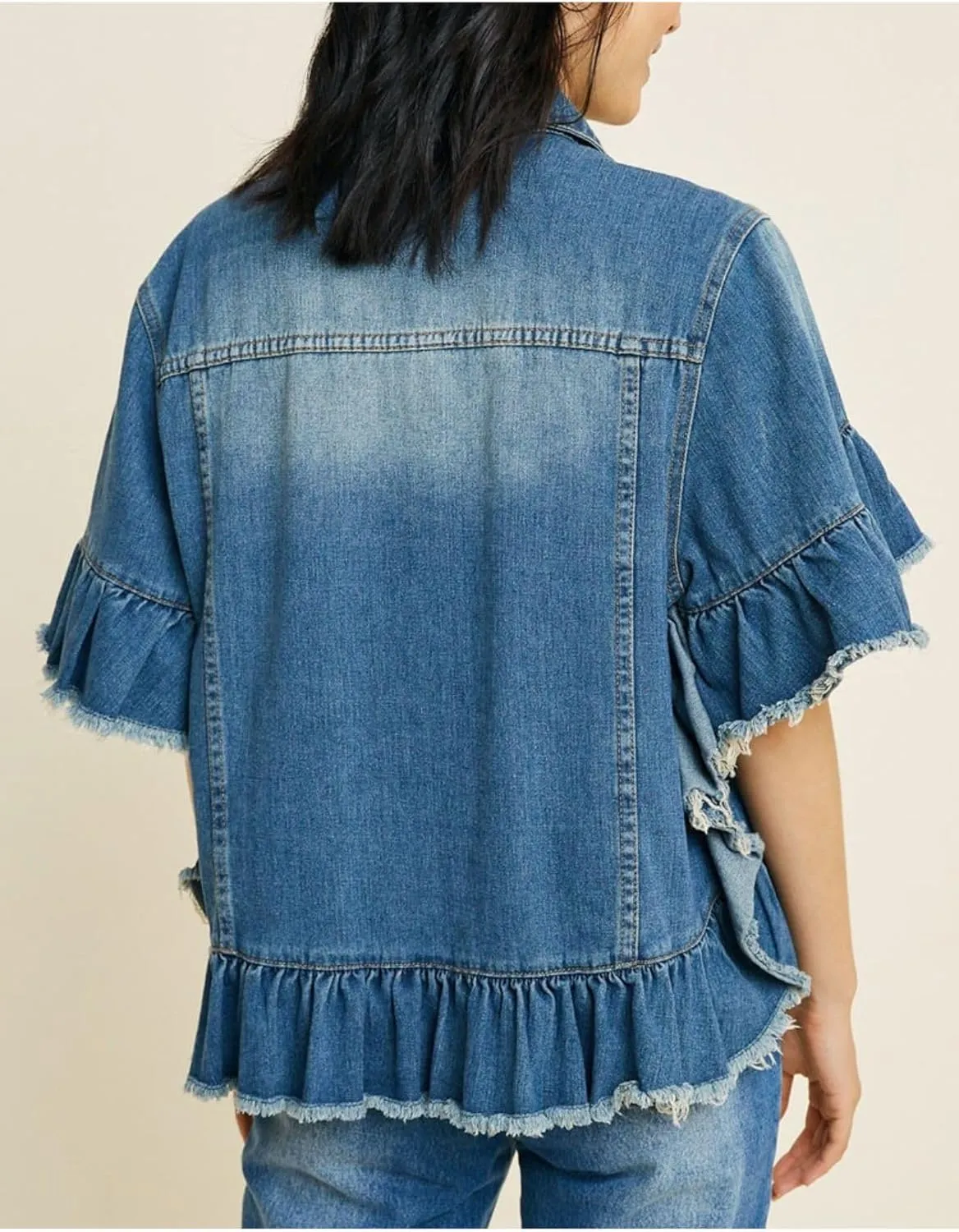 Womens Short Ruffle Trim Sleeves Washed Denim Jacket Button Down Jean Jacket with Ruffle Hem