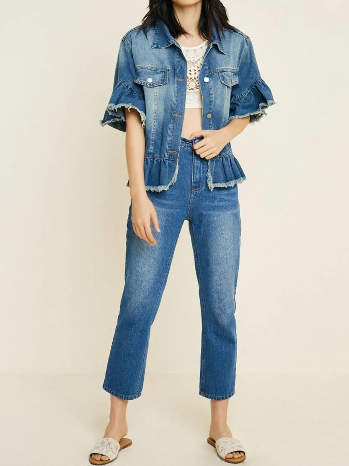 Womens Short Ruffle Trim Sleeves Washed Denim Jacket Button Down Jean Jacket with Ruffle Hem
