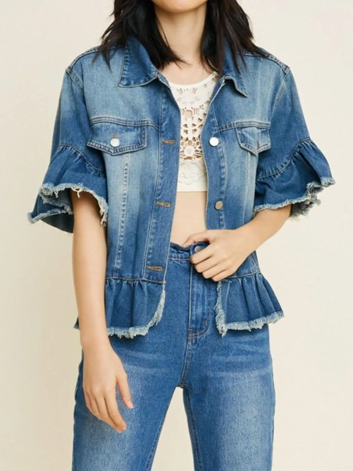 Womens Short Ruffle Trim Sleeves Washed Denim Jacket Button Down Jean Jacket with Ruffle Hem