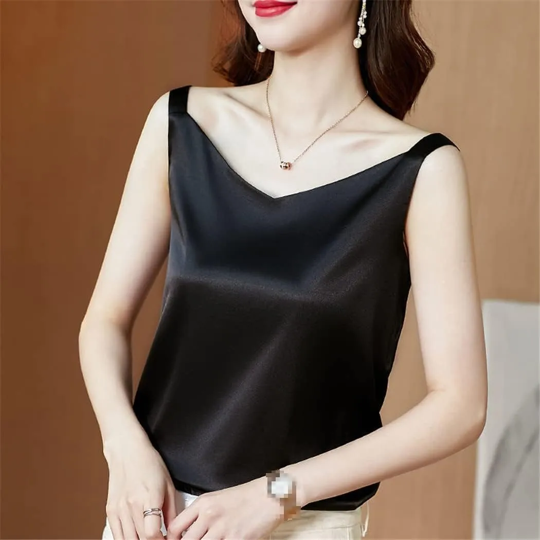 Women's Sleeveless Faux Satin Silk Tank Top Summer Backless V-Neck Camisole