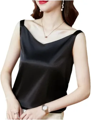 Women's Sleeveless Faux Satin Silk Tank Top Summer Backless V-Neck Camisole