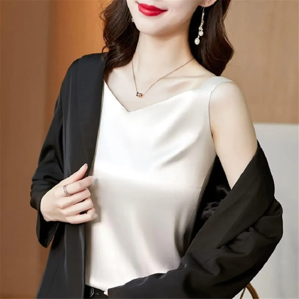 Women's Sleeveless Faux Satin Silk Tank Top Summer Backless V-Neck Camisole
